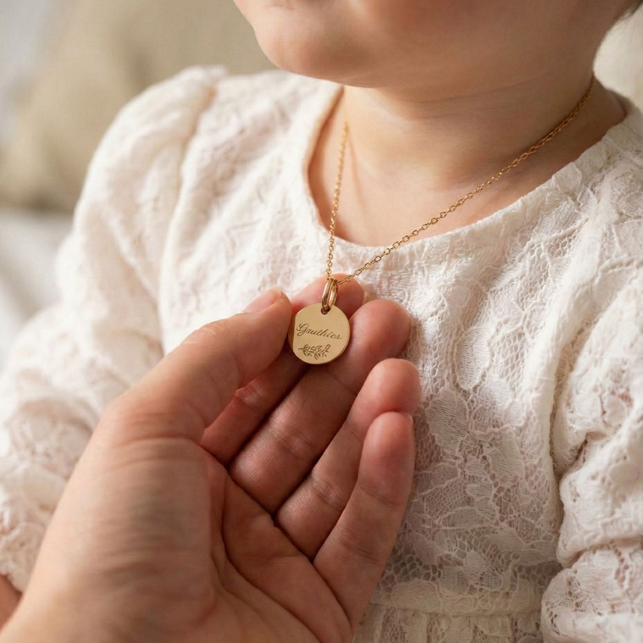 Personalised christening necklace with name and fo