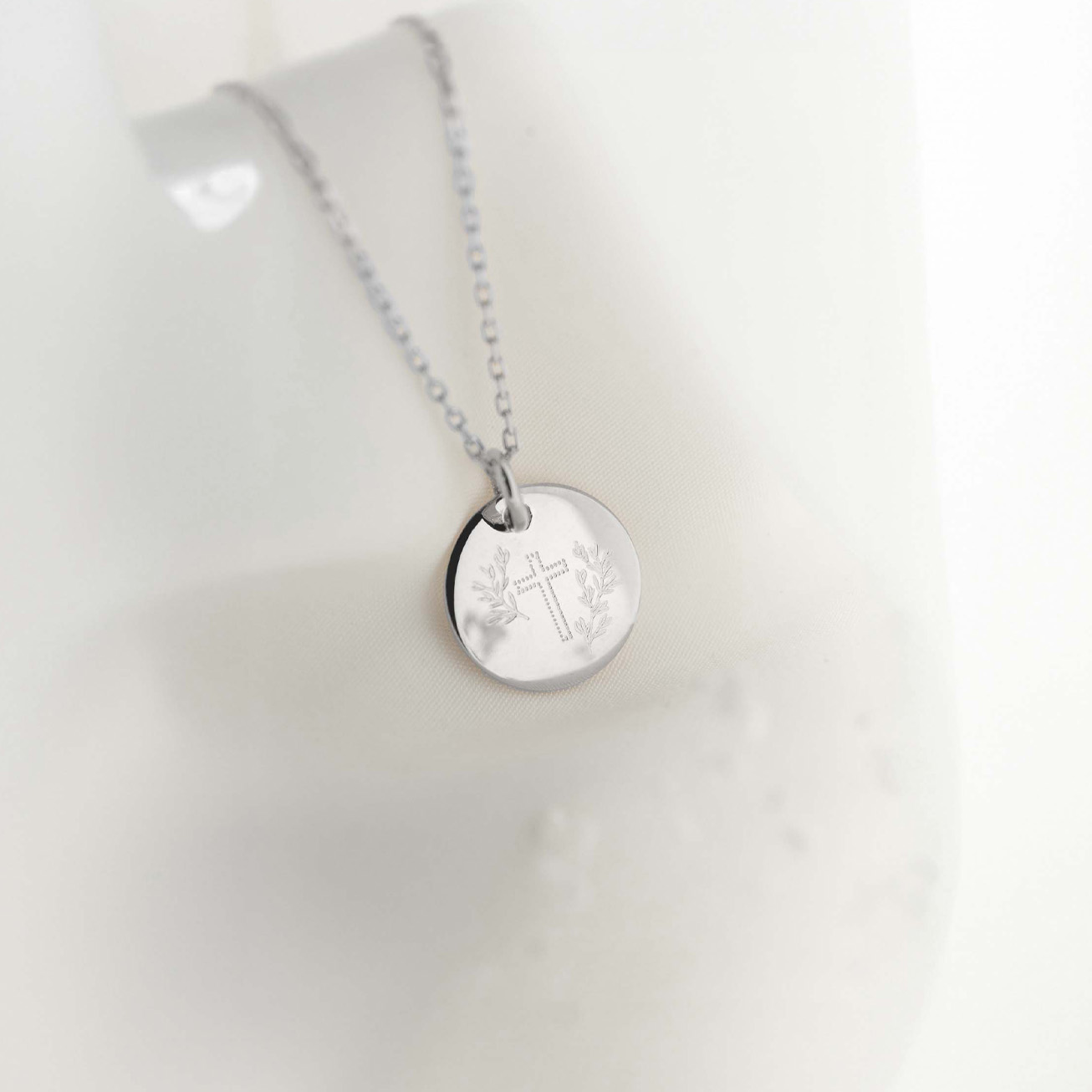 Silver Baptism Medal with Cross and Leaves