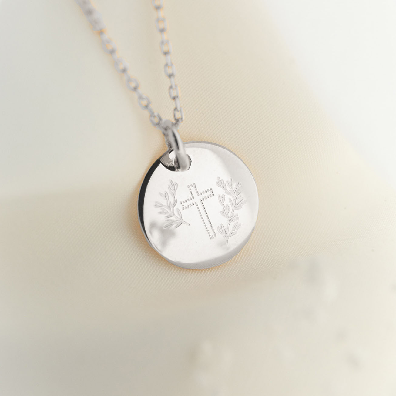Silver Baptism Medal with Cross and Leaves