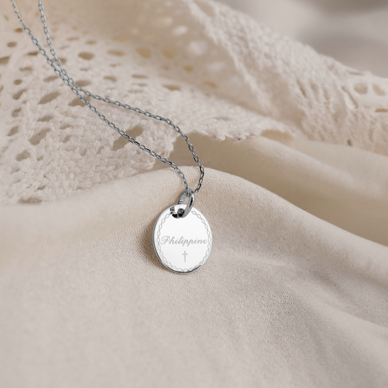 Sterling Silver Baptism Medal with Fine Border
